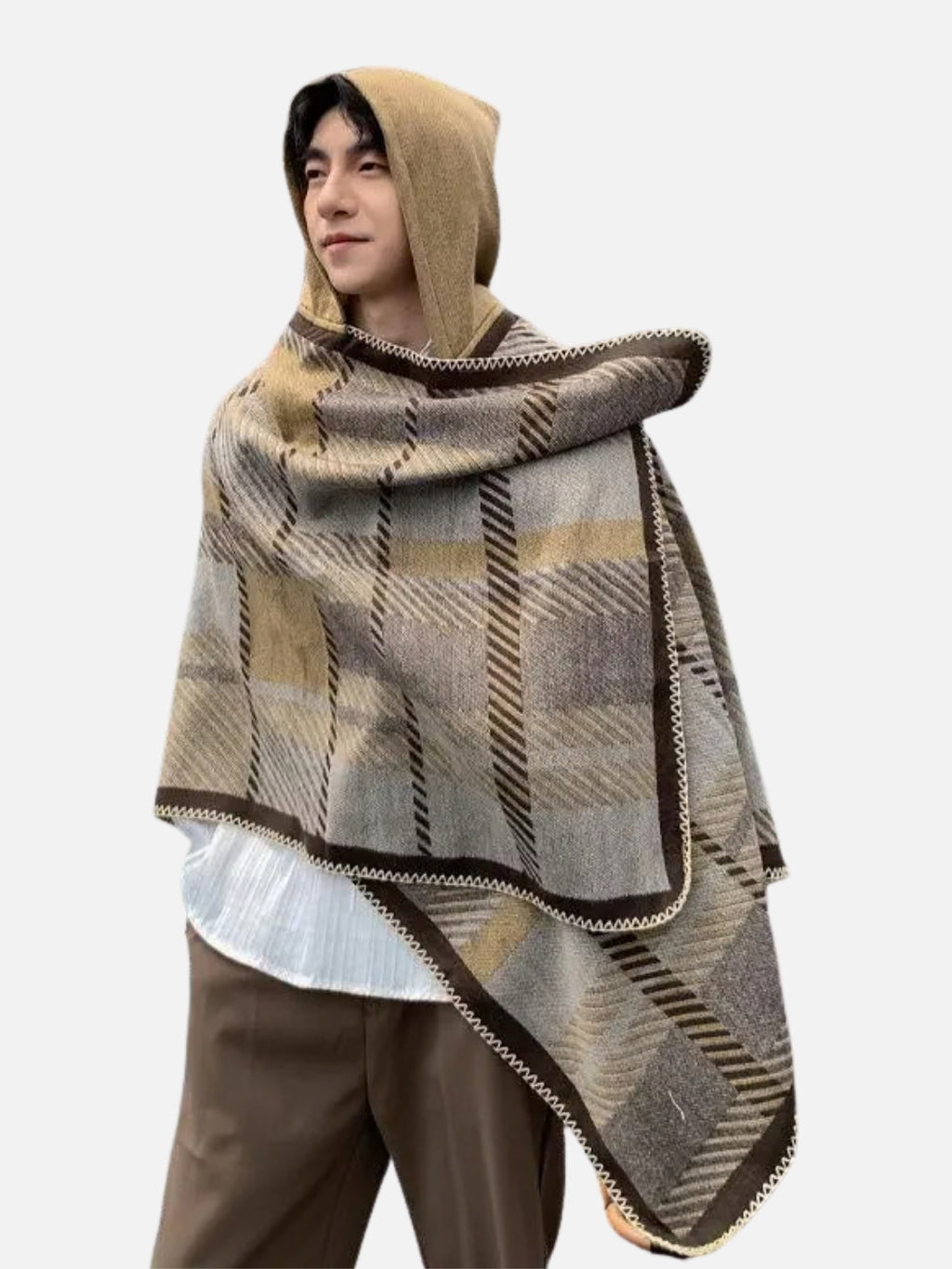 Poncho-châle d'hiver pour hommes à capuche