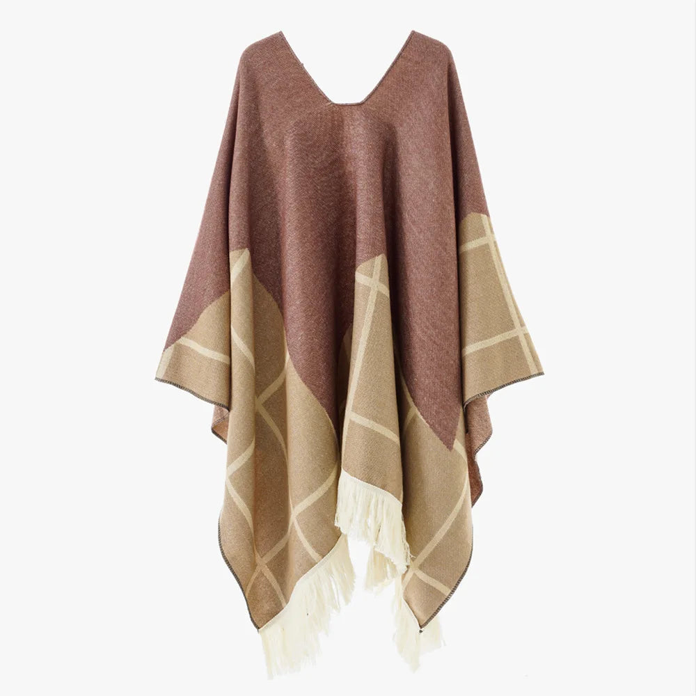 Poncho pour femme boho toute saison bi-ton à carreaux