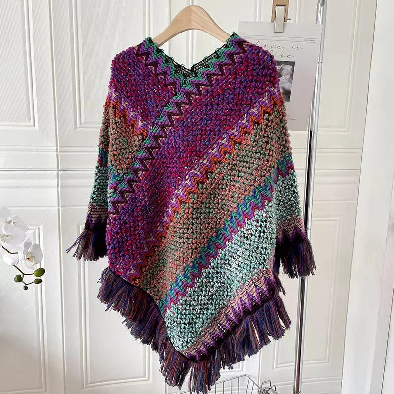 Poncho pour femme boho à bandes