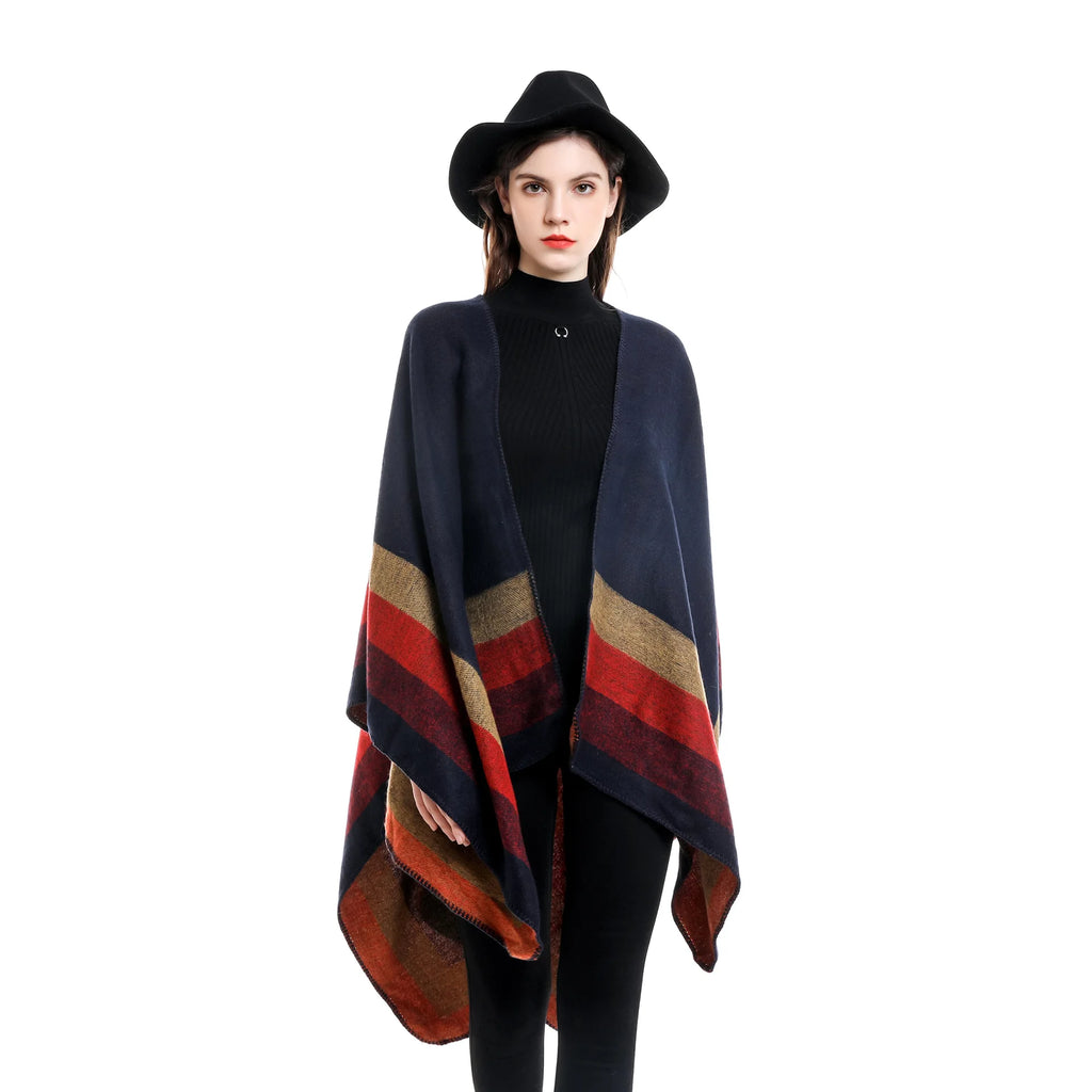 Poncho pour femme à bandes chic semi-cachemire