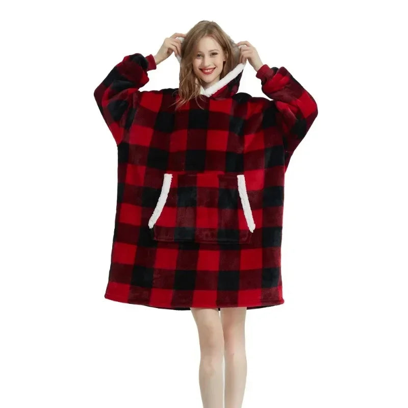 Poncho polaire chaud réversible pour femme et homme à carreaux