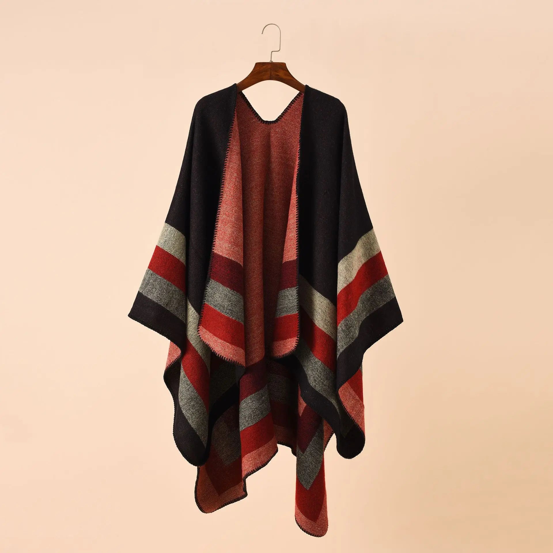 Poncho pour femme à bandes chic semi-cachemire
