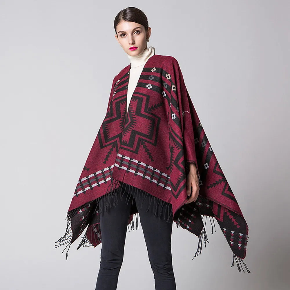 Poncho pour femme style traditionnel boho à motifs en cachemire et acrylic