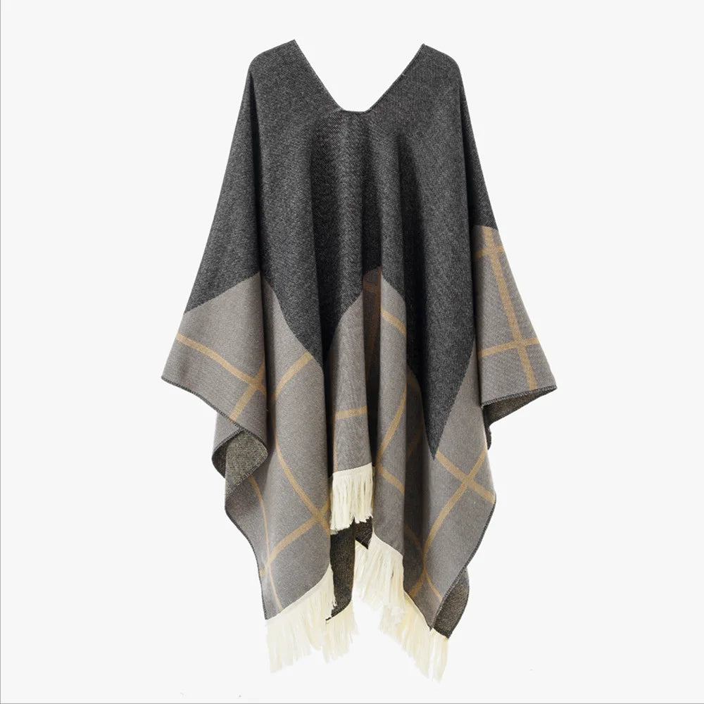 Poncho pour femme boho toute saison bi-ton à carreaux