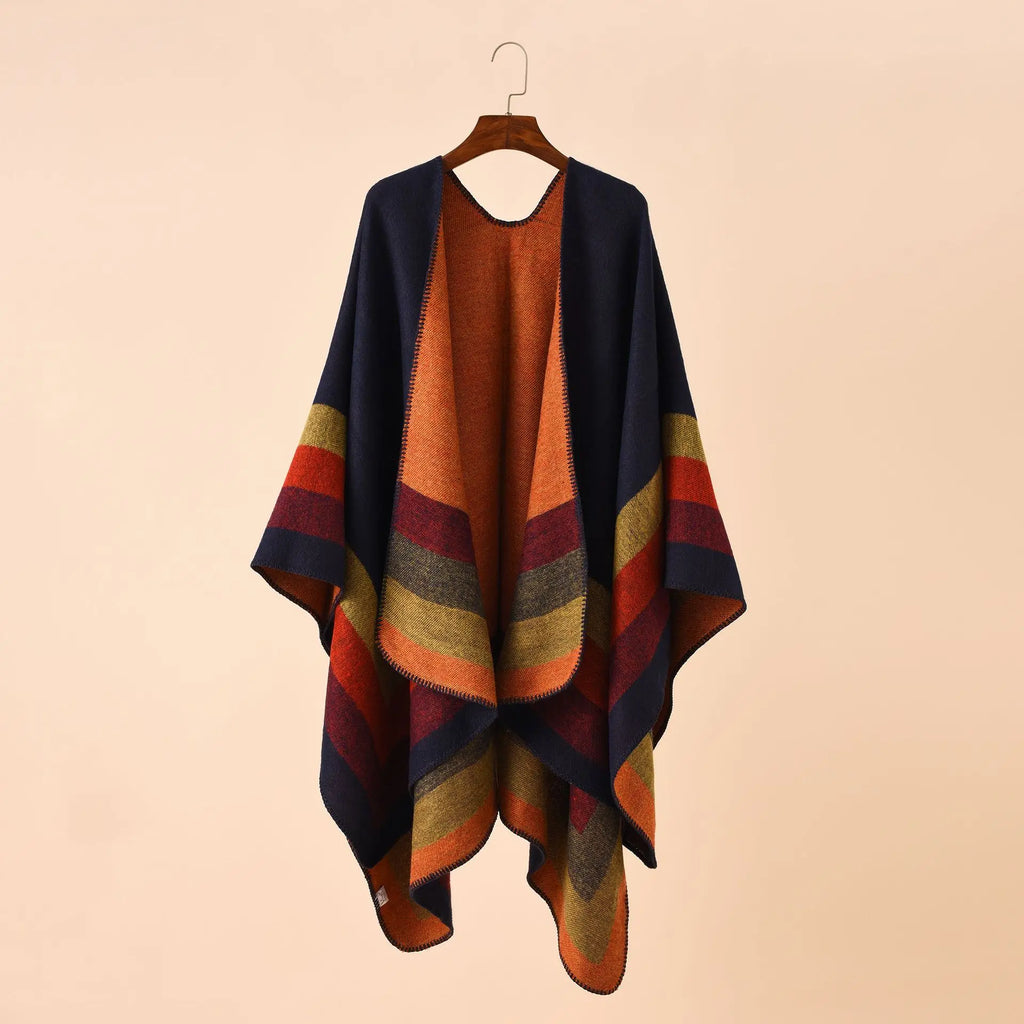 Poncho pour femme à bandes chic semi-cachemire