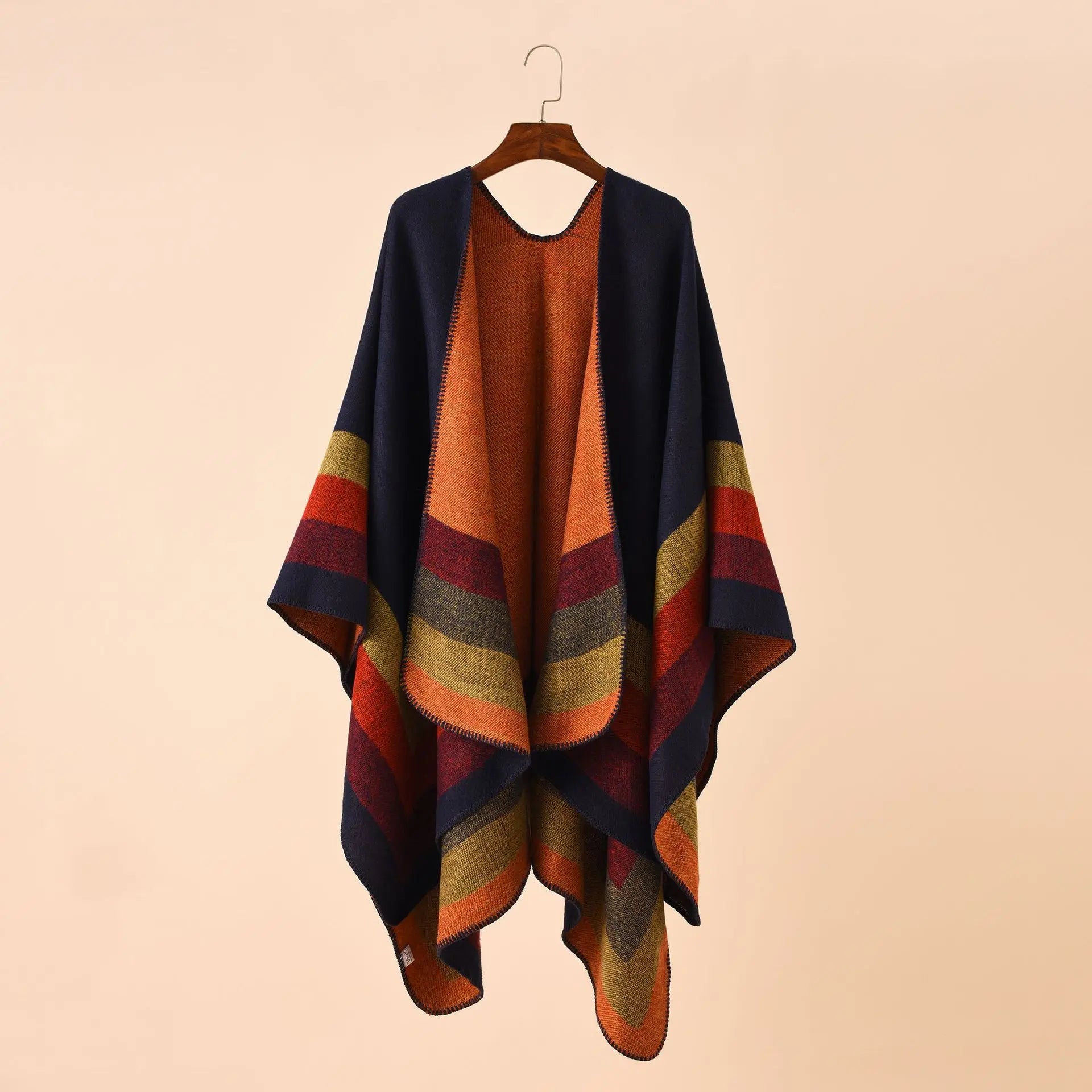 Poncho pour femme à bandes chic semi-cachemire