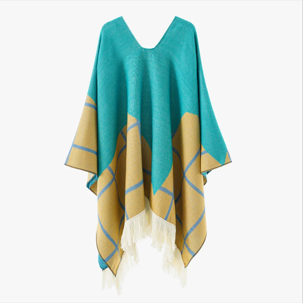 Poncho pour femme boho toute saison bi-ton à carreaux