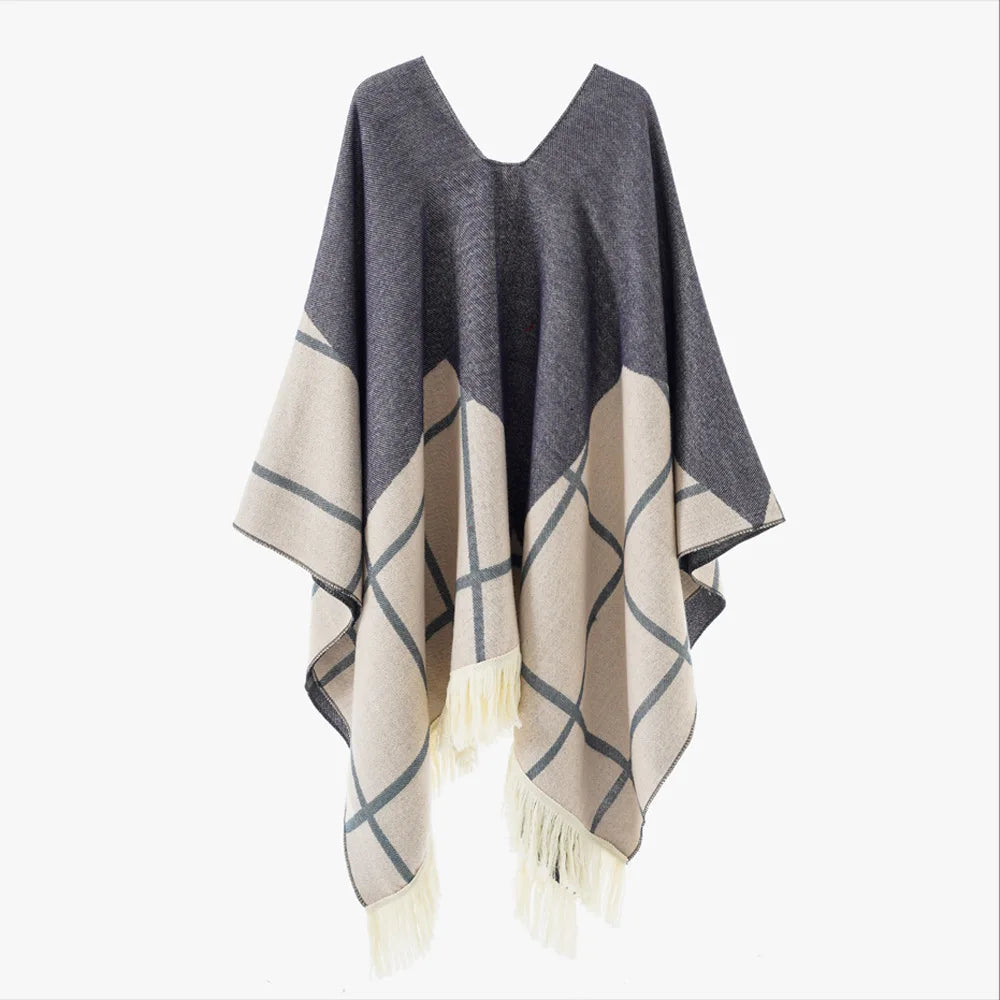 Poncho pour femme boho toute saison bi-ton à carreaux