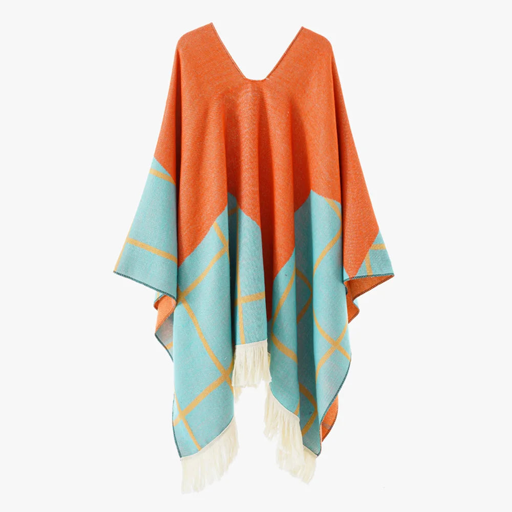 Poncho pour femme boho toute saison bi-ton à carreaux