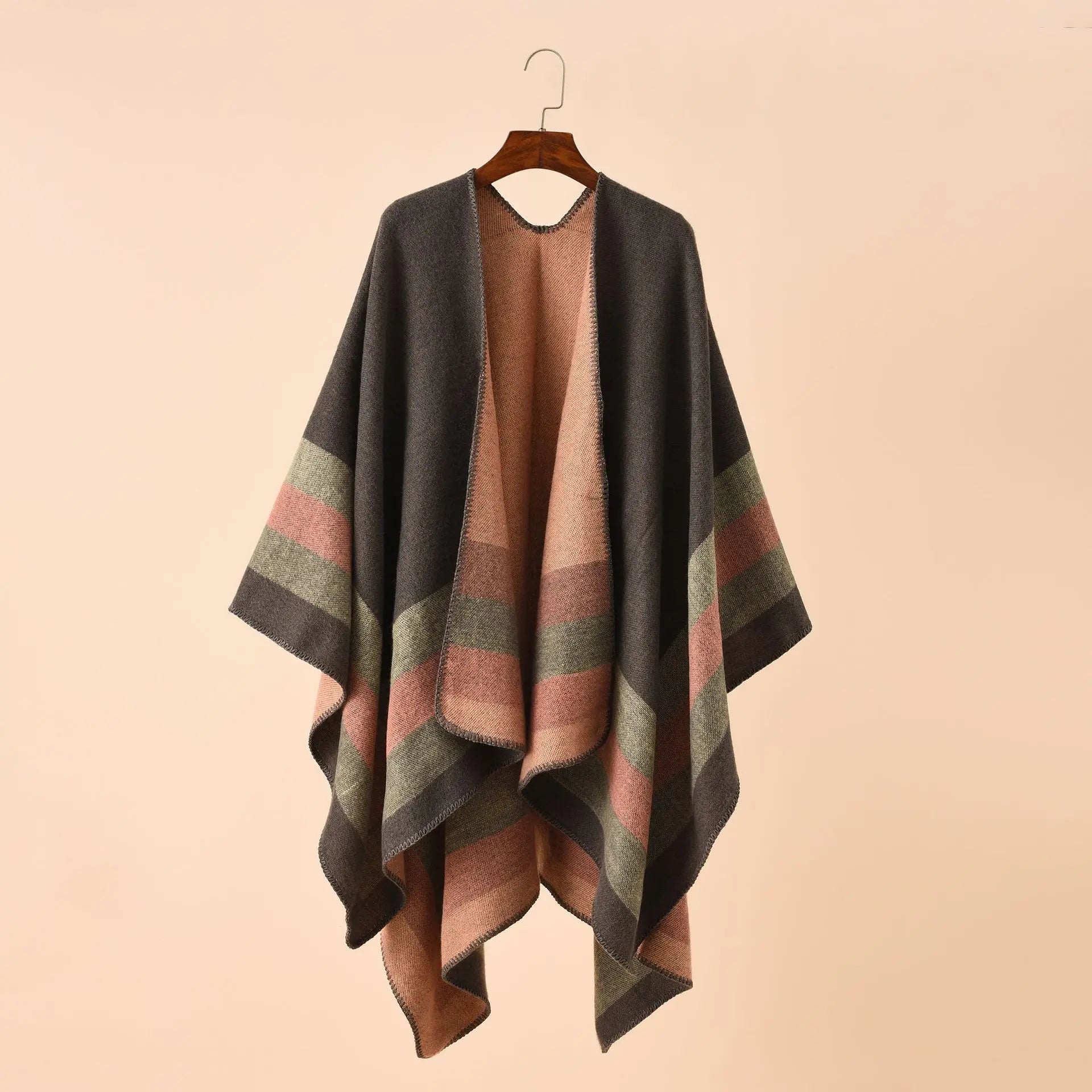 Poncho pour femme à bandes chic semi-cachemire