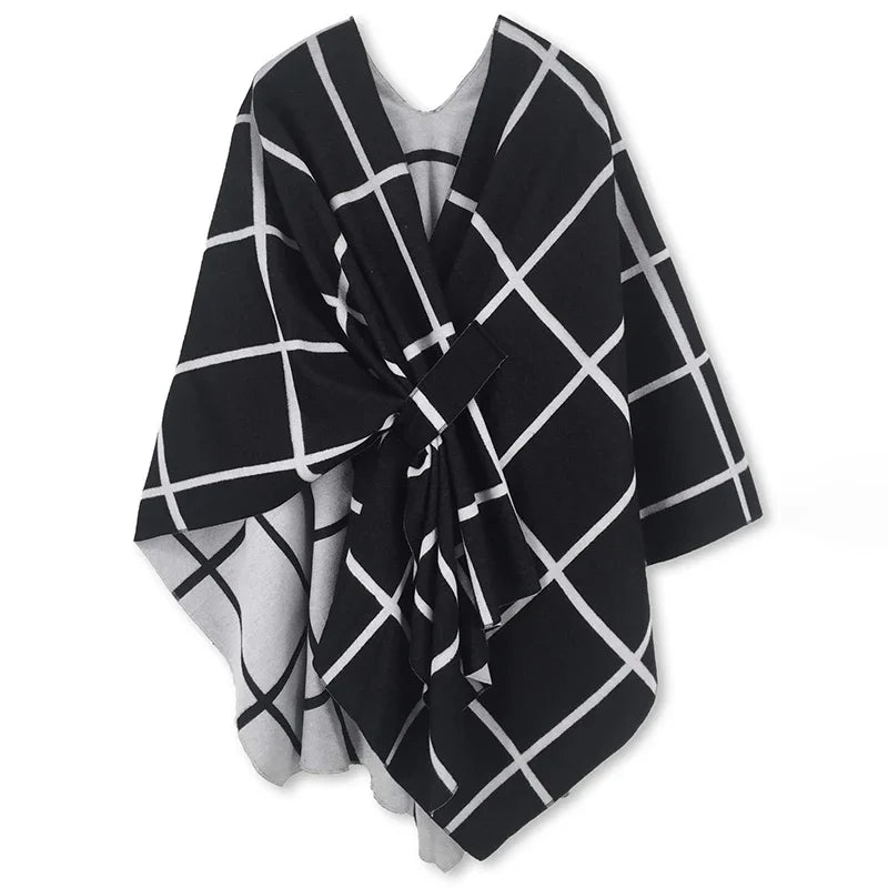 Poncho pour femme style luxueux à carreaux réversible