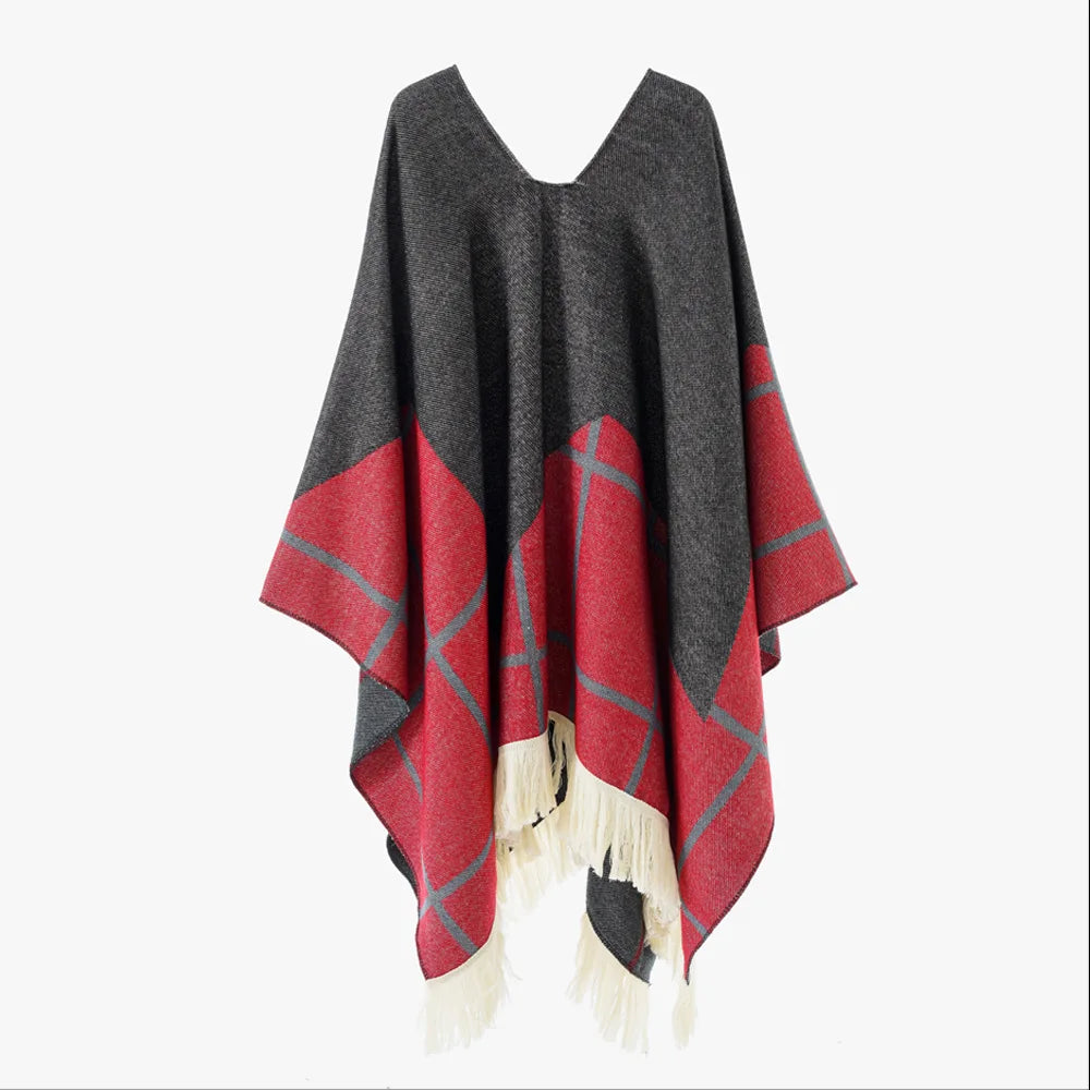 Poncho pour femme boho toute saison bi-ton à carreaux