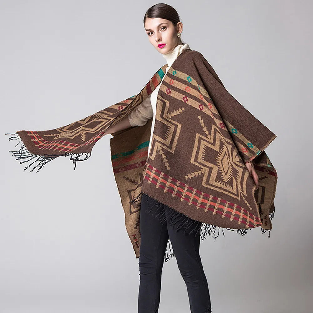 Poncho pour femme style traditionnel boho à motifs en cachemire et acrylic