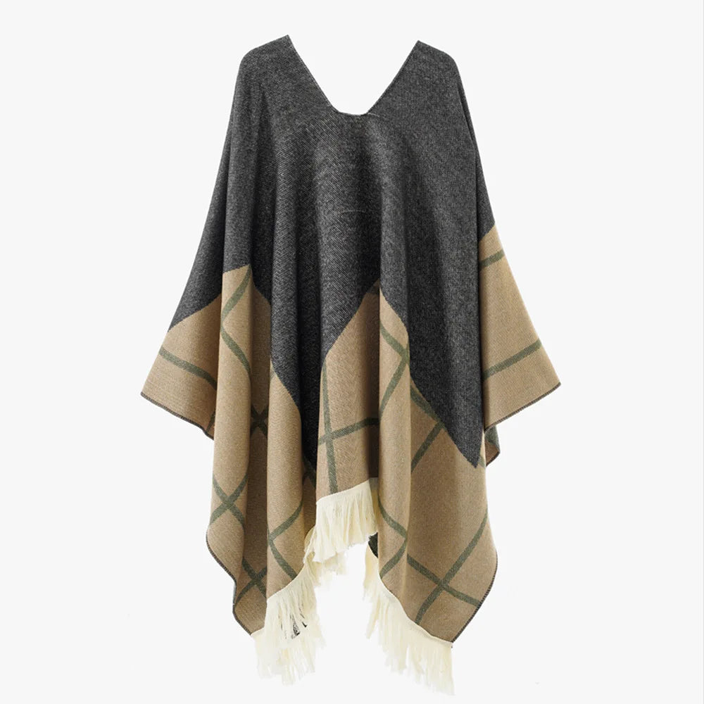 Poncho pour femme boho toute saison bi-ton à carreaux