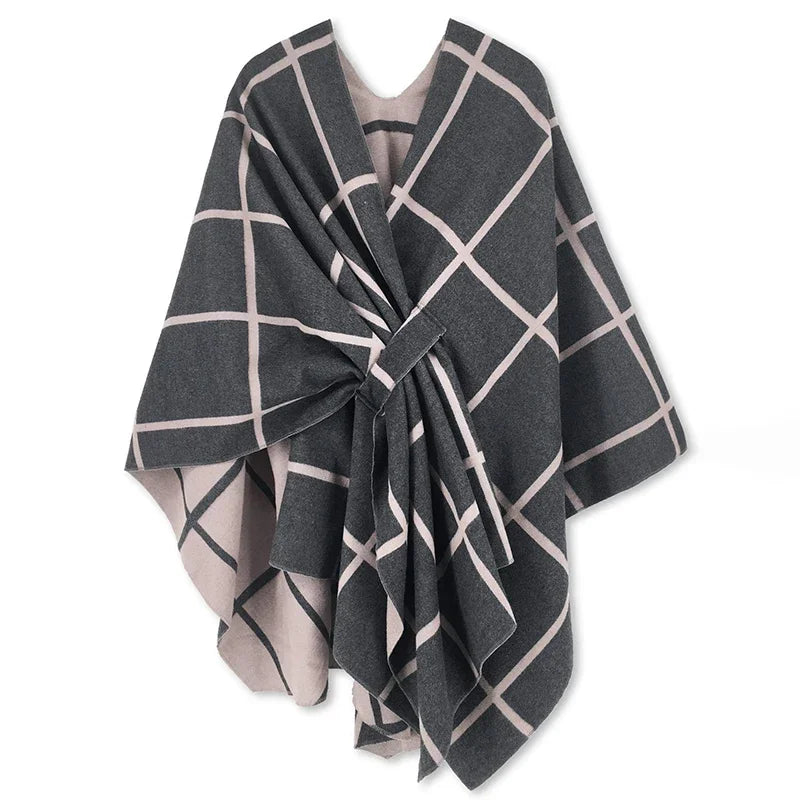 Poncho pour femme style luxueux à carreaux réversible