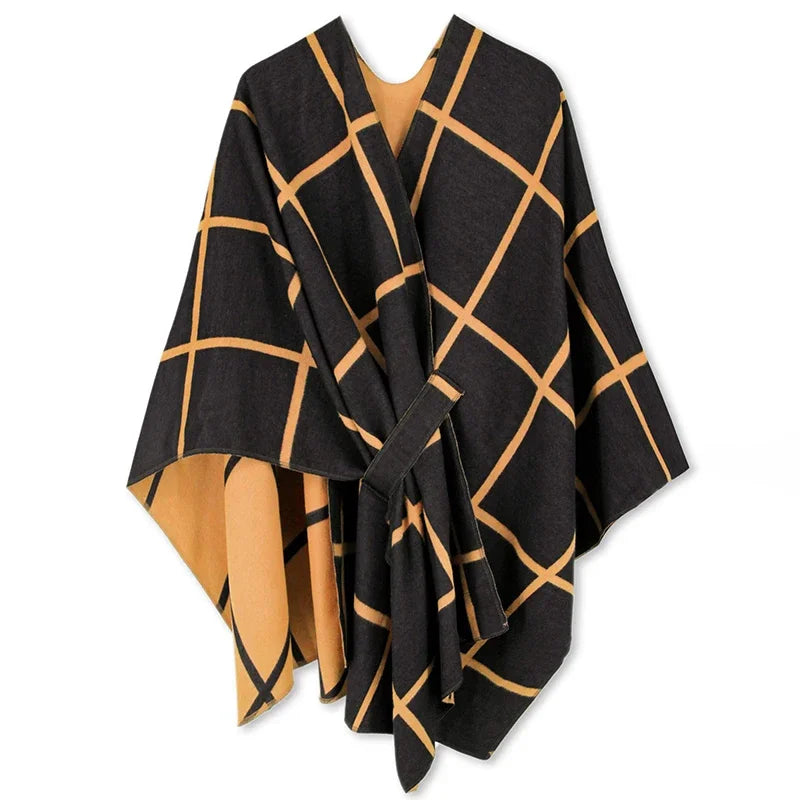 Poncho pour femme style luxueux coloré à carreaux réversible