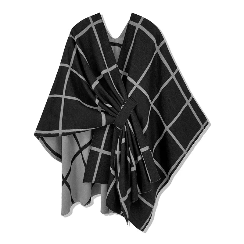 Poncho pour femme style luxueux à carreaux réversible