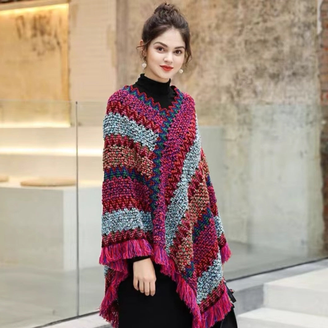 Poncho pour femme boho à bandes